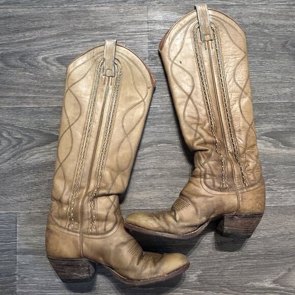 Vintage Dan Post Size 6 C Cowboy Knee Boots Made in Spain Tan Braided 4115 - Picture 9 of 16